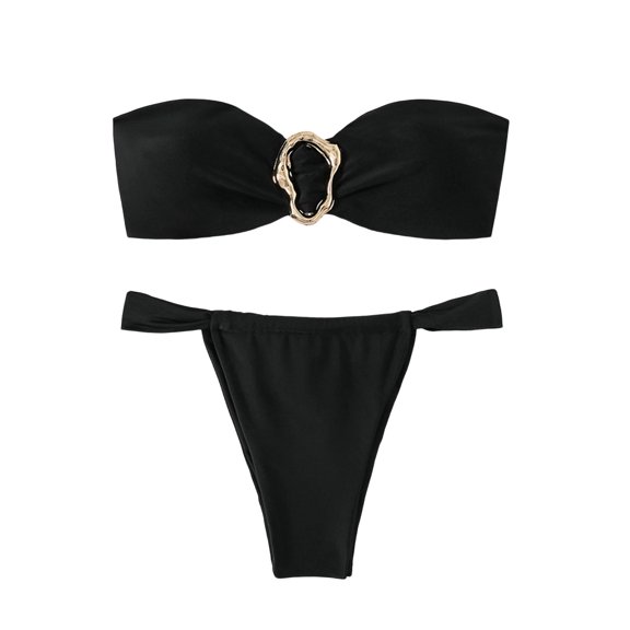 Womens Bikini Sets Women's Stylish Two Piece Swimwear Tankini Top and High Waisted Bottom for Summer Beach Solid Color Boat Neck Sleeveless Black L