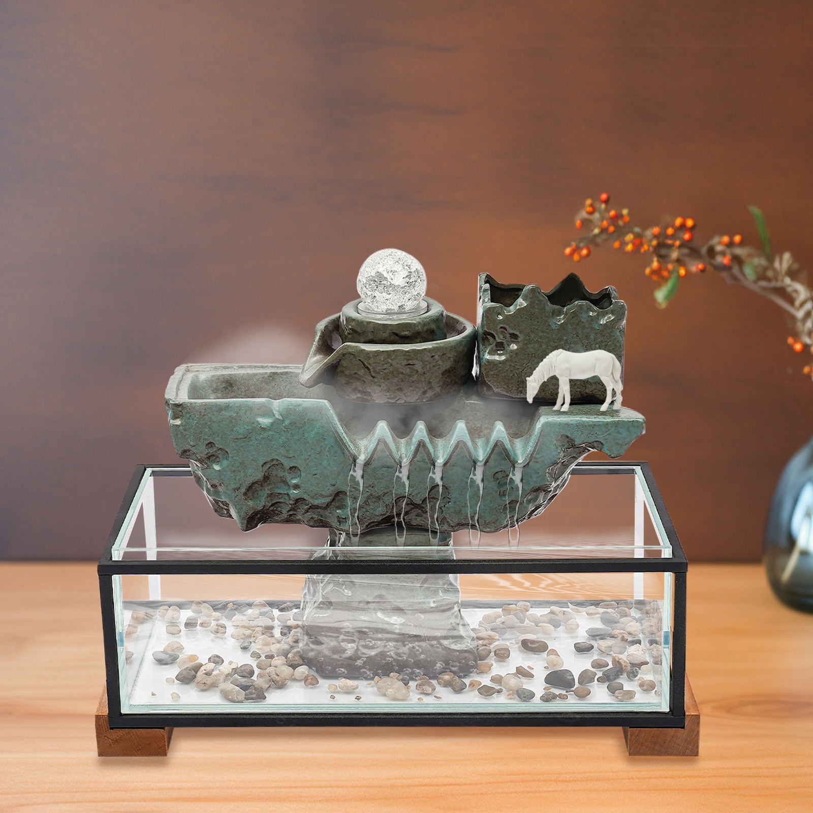 Wuzstar Tabletop Eco Fish Tank Indoor Water Fountains with Fake Plants Decor