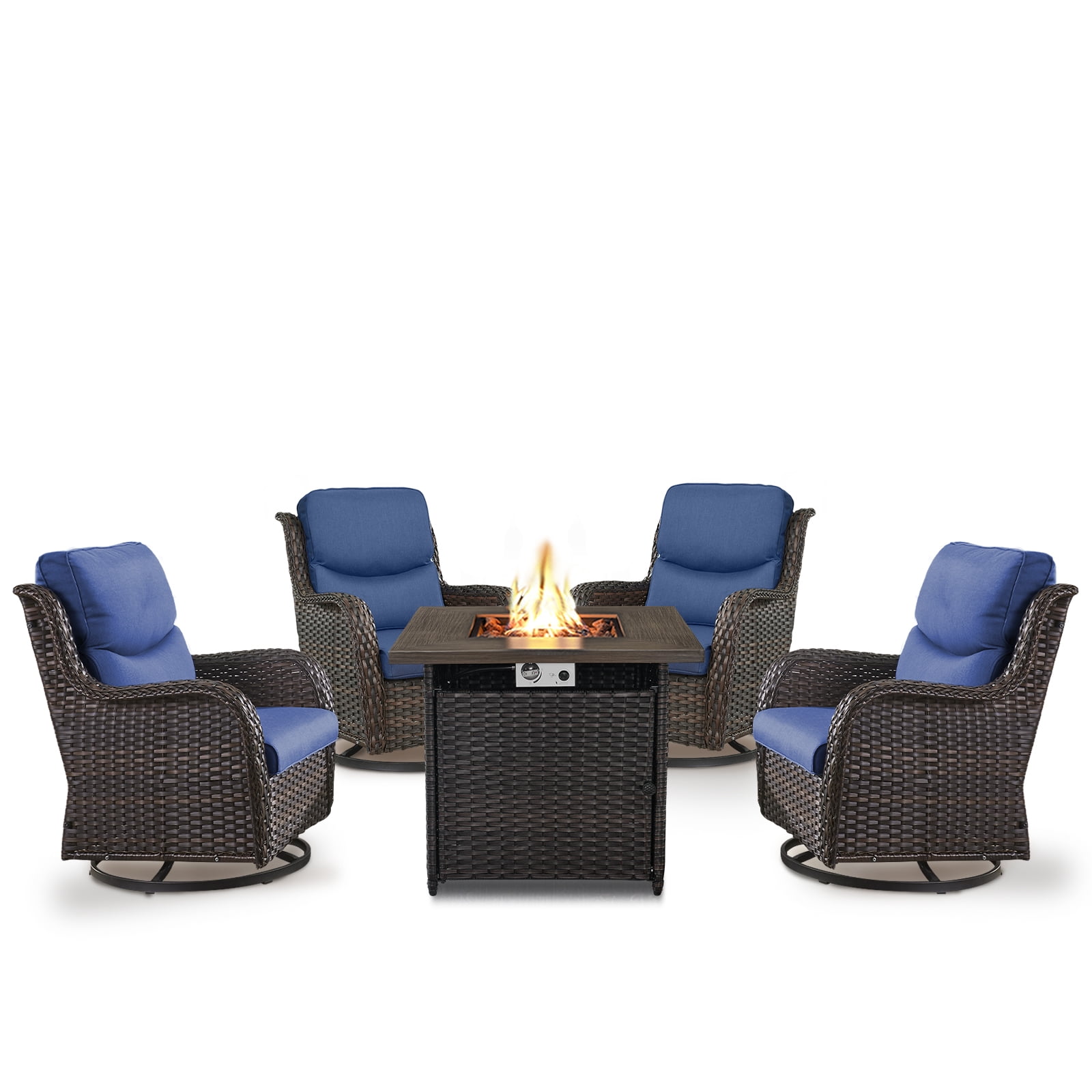 OPOHORO Swivel Outdoor Chair Set of 4 with 30" Propane Fire Pit Table, Patio Furniture Set with Firepit Brown Wicker High Back Patio Swivel Chairs for Garden Balcony Porch - Brown/Blue
