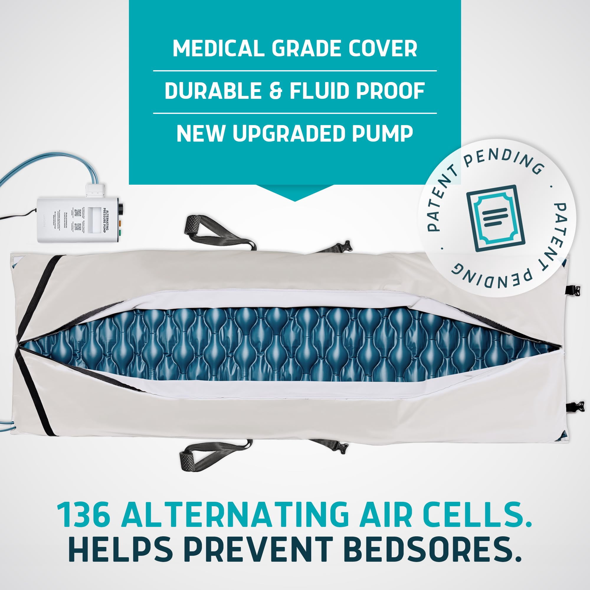 Lunderg Alternating Air Pressure Pad for Recliner Chair - Pressure Relief Cushion Topper for Recliner - Bed Sore Prevention - Medical Grade Mattress Pad, Cover & Quiet Pump - Home or Hospital (Cream)