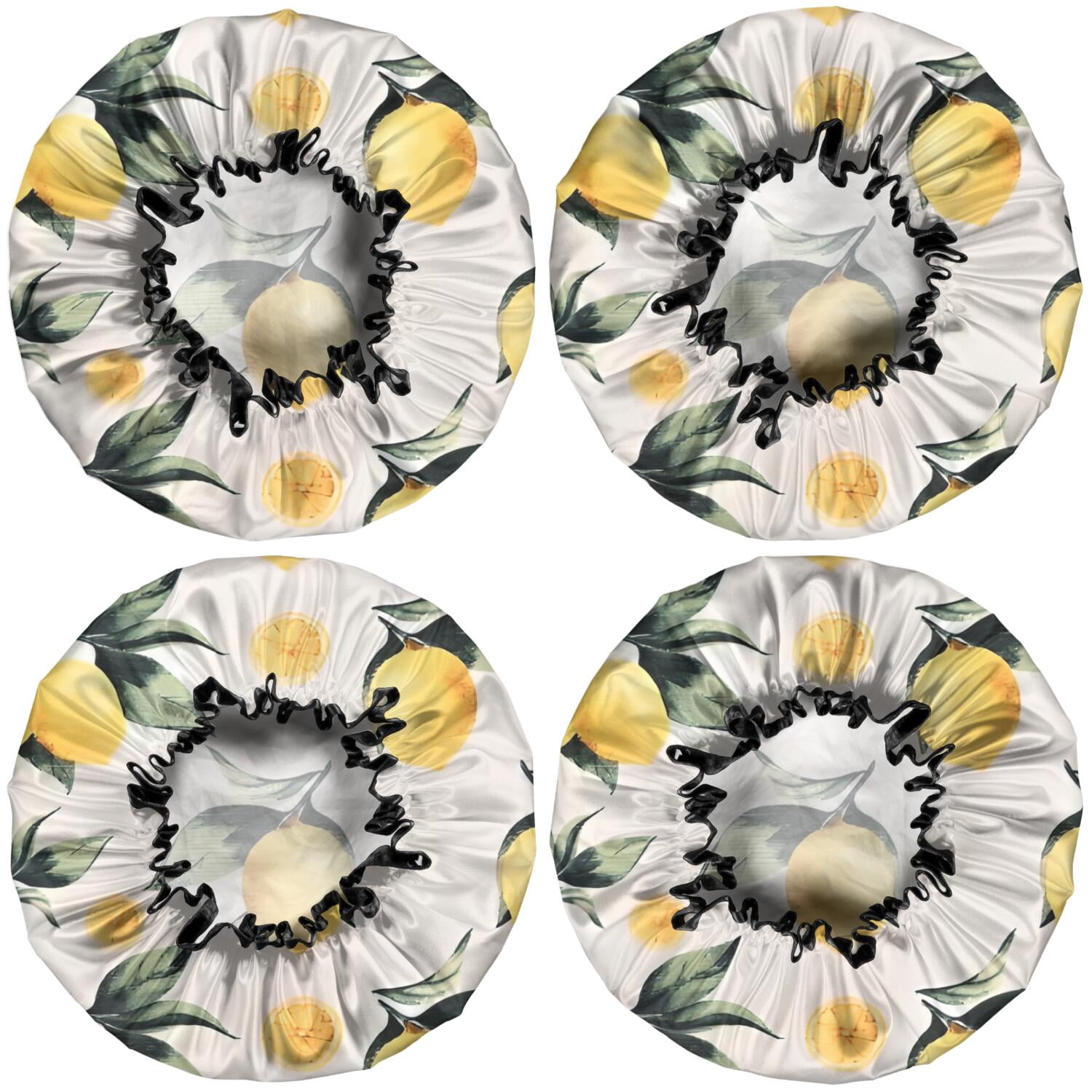 Shower Caps,Yellow Lemon Fruits White Pattern Waterproof Shower Cap for Women 4 Pieces,Double Reusable Hair Cover for Shower PEVA Elastic Stretch Hem