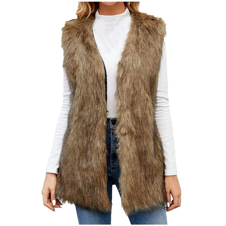 Mitankcoo Faux Fur Vest Jacket for Women - Casual Solid Color Sleeveless  Vests Mid-Length Sherpa Teddy Coat Brown XXL