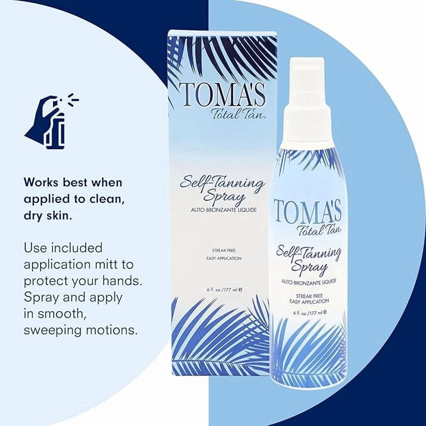 Toma's Total Tan Liquid Spray Instant Sunless Tanner - Whole Body Natural Looking Golden Bronze - Non-Sticky Streak-Free Application - Tropical Scent - 6 oz