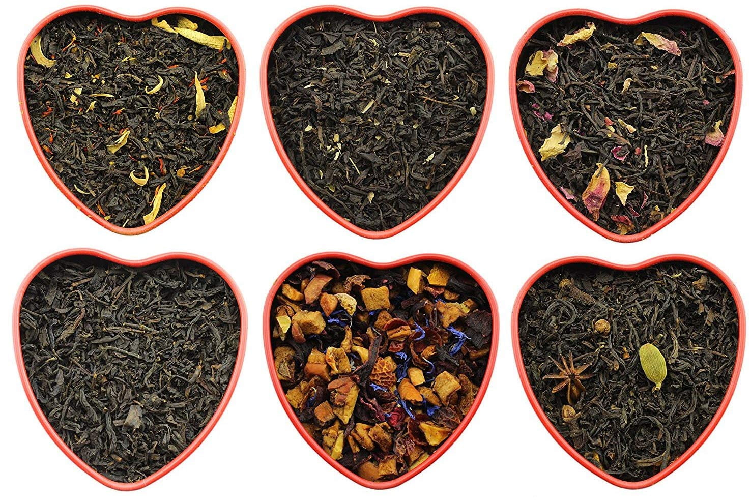 Sweetheart Loose Leaf Tea Sampler Assortment in Red Heart Tins w/ 6 Varieties of Tea Including Masala Chai, Vanilla Black Tea, Passion Peach Tea, Rose, Raspberry & More, Tea Gift Set - Approx 90+ Cups