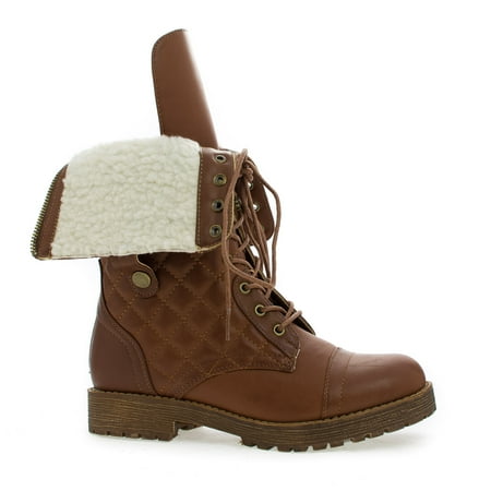 Mid Calf Quilted Foldable Shaft Faux Shearling Military Boots Mid Calf Quilted Foldable Shaft Faux Shearling Military Boots