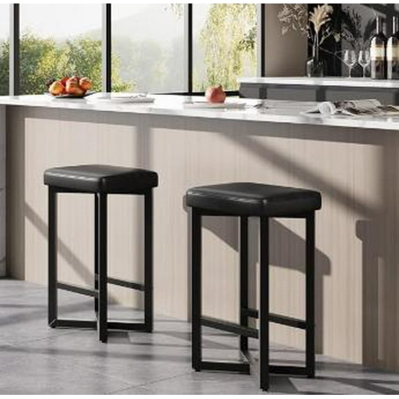 2pcs Bar Stool, Simple Comfortable Backless Bar Stool, Upholstered PU Leather Seat with Metal Frame and Footrest for Home Bar, Restaurant