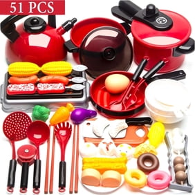 LASIEYO 51pcs Kitchen Cooking Toy Set Kids Pretend Play Toy Simulation Kitchen Utensils Food Cookware Pot Pan