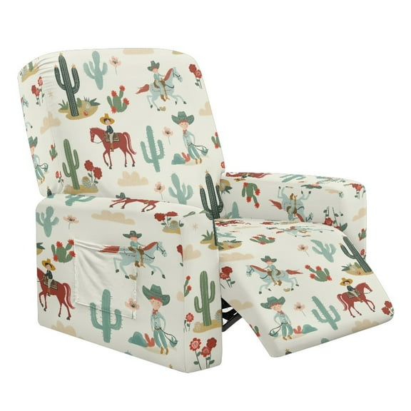 Renewold Western Cowboy Cactus Cute Oversized Recliner Cover Stay in Place Lazy Boy Recliner Chair Cover 4 Pieces Washable Reclining Seat Cover for Home Living Room Decoration