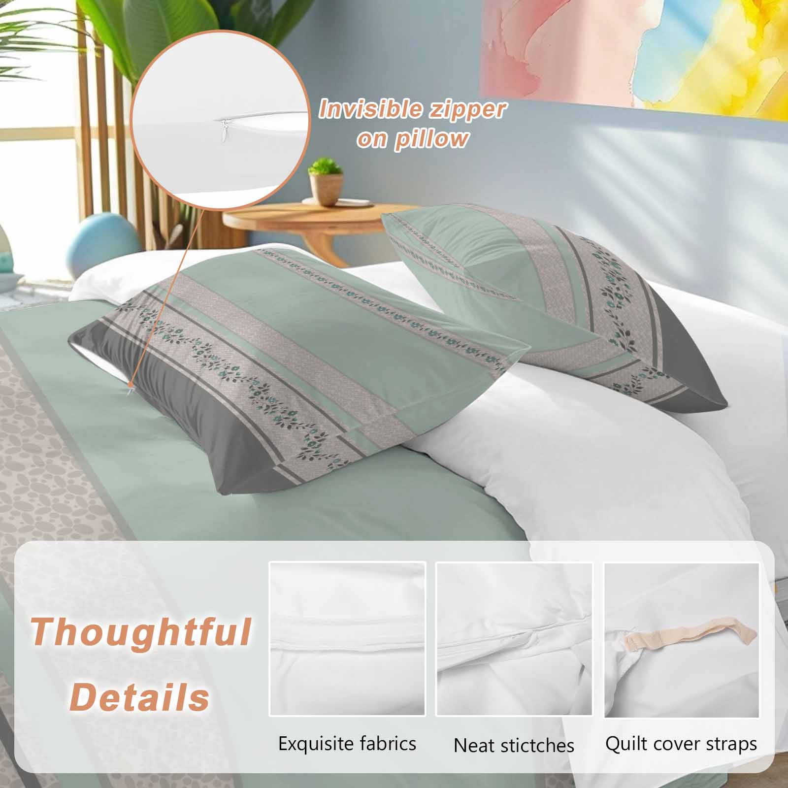 Turquoise Floral Bedding 3 Piece Duvet Cover Set Full Size, Modern Farmhouse Leaves Gray Striped Soft Microfiber Comforter Cover with Zipper Closure & Pillowcases, Wrinkle & FadeResistant Quilt Cover