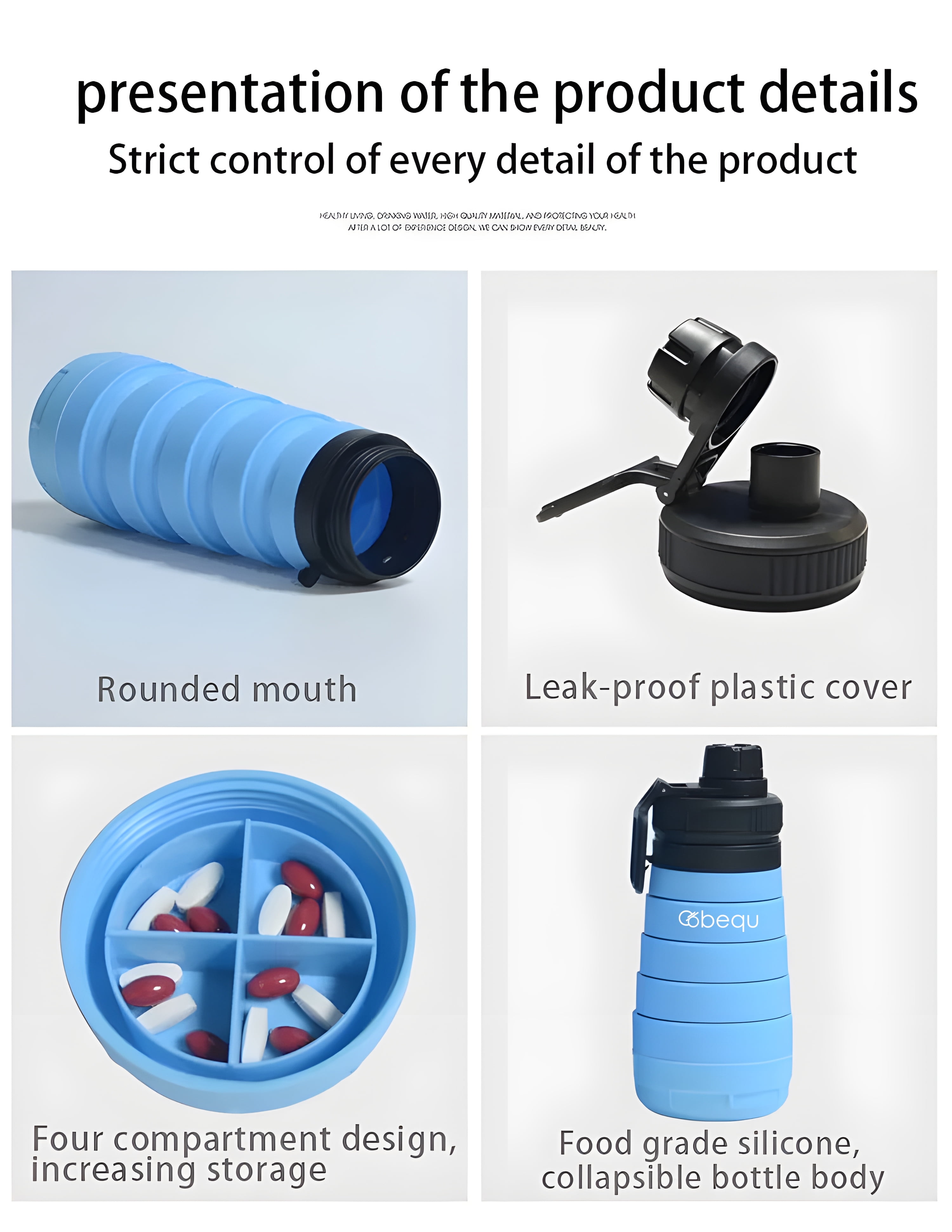 BEQU 750ml/25 Fl Oz Collapsible Silicone Water Bottle with Pills Storage Base, Reusable, BPA Free, Odorless, Dishwasher-Safe, Portable, Leak Proof for Sports Home Travel Office (2PK Black-Gray)