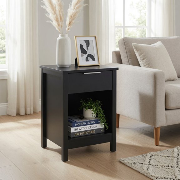 Nightstand with Drawer, 3-Tier End Side Table with Storage Drawer and Shelf, Modern Bedside Night Stand for Bedroom, Living Room – Black