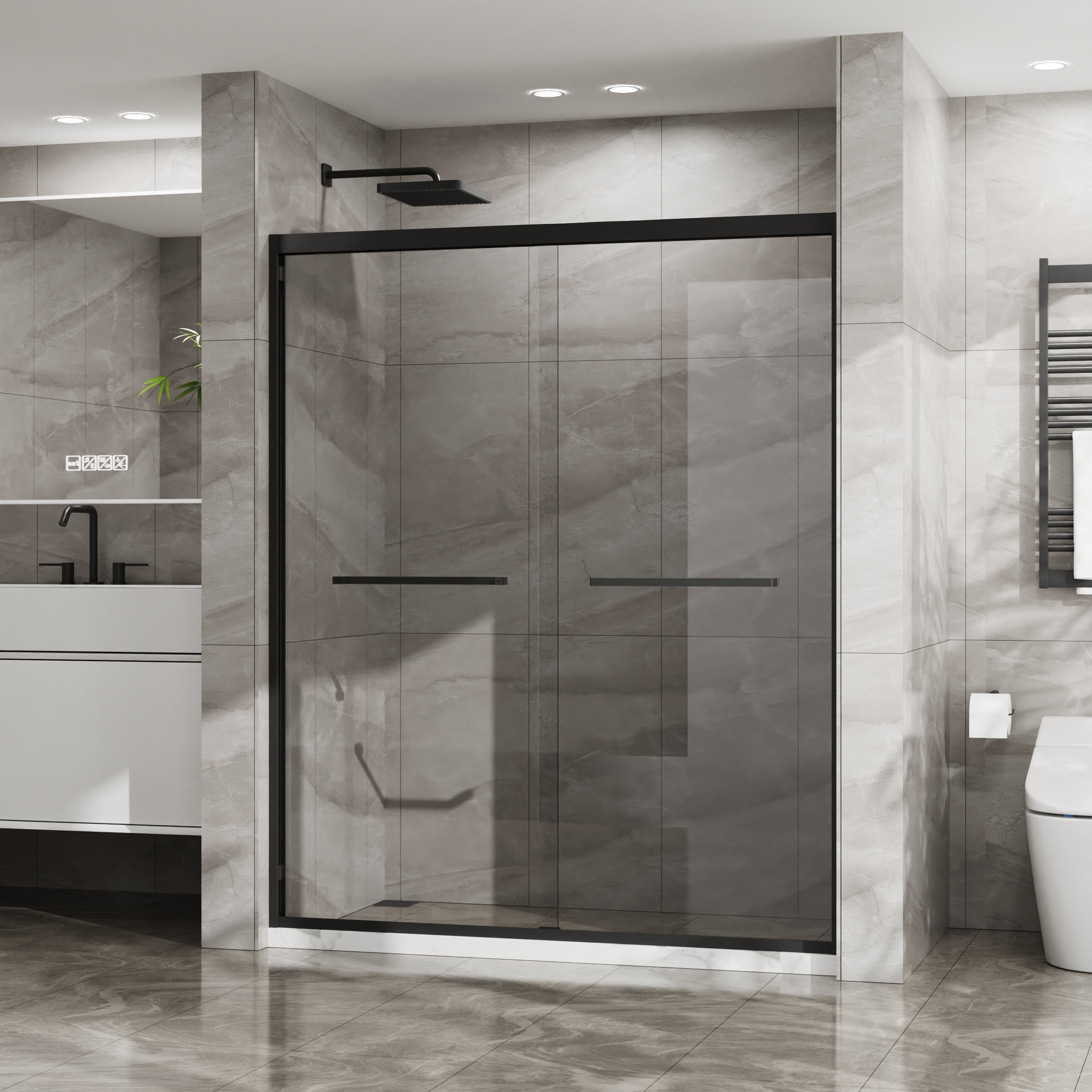 Leumius Double Sliding Glass Shower Door 60 in. W x 72 in. H,Aluminum Framed Shower Enclosure with SGCC Clear Tempered Glass, Stainless Steel Hardware, Matte Black02