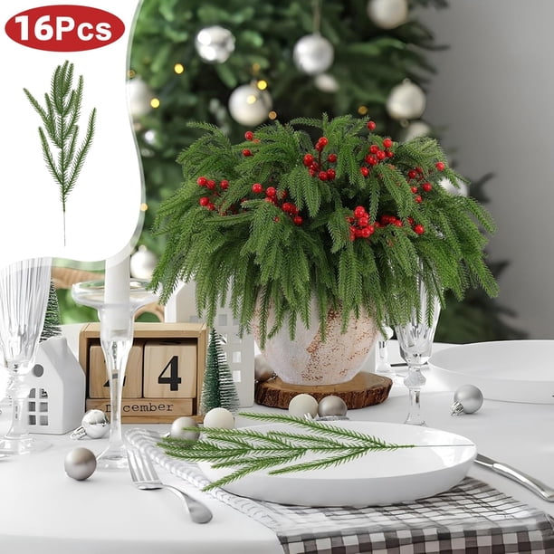 Xihbxyly Ramas Artificiales Navideñas, Púas Realistas de Pino Cedro, Tallos Decorativos Versátiles, Ideales para Jarrones, Decoración Navideña, Fácil Mantenimiento, Juego de 16 Piezas, 35 Cm de Largo