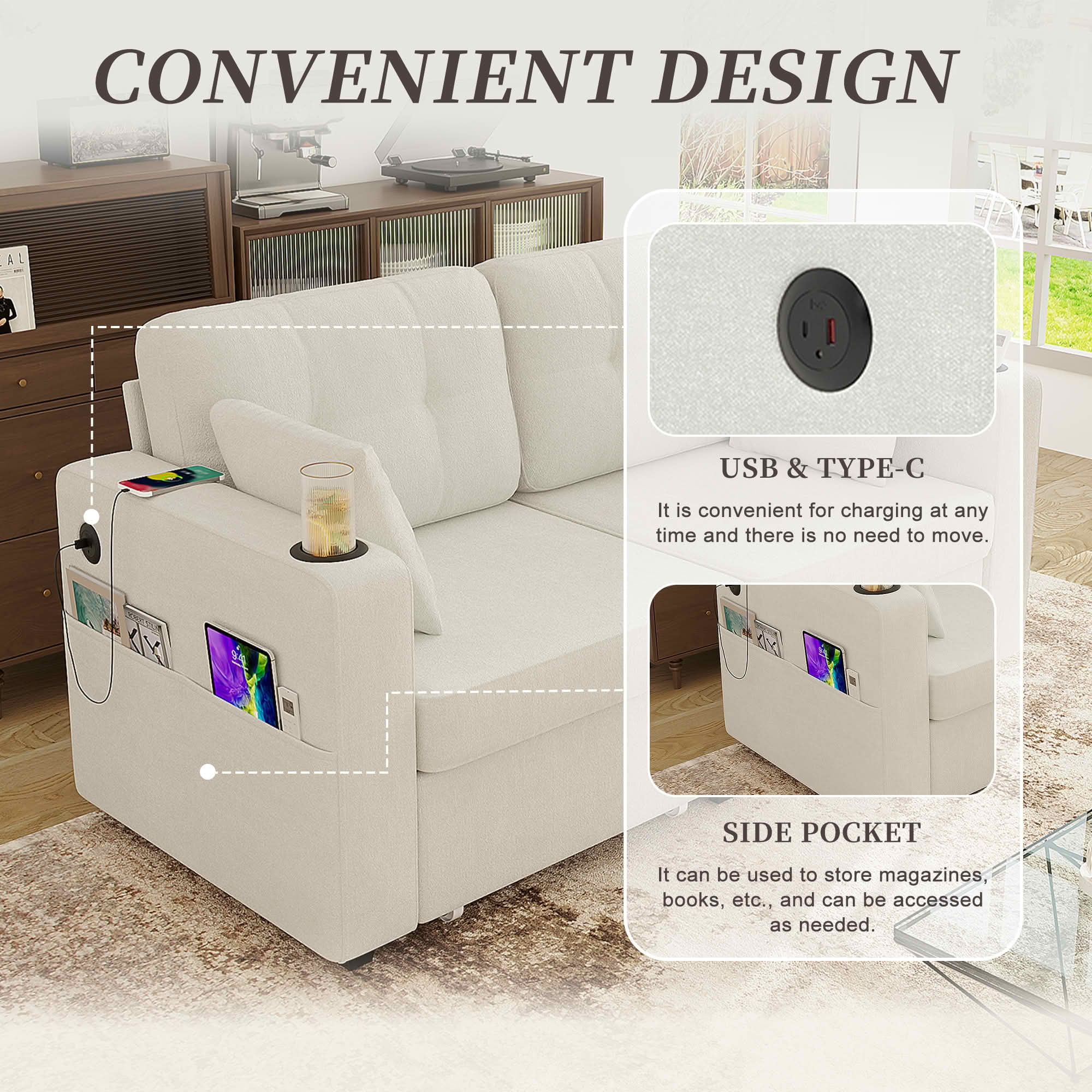 MAYEERTY Modern 3-Seat Chenille Sofa, Wood Frame Sectional Couch with USB Charging, Cup Holder & Storage Function for Home Small Space Living Room