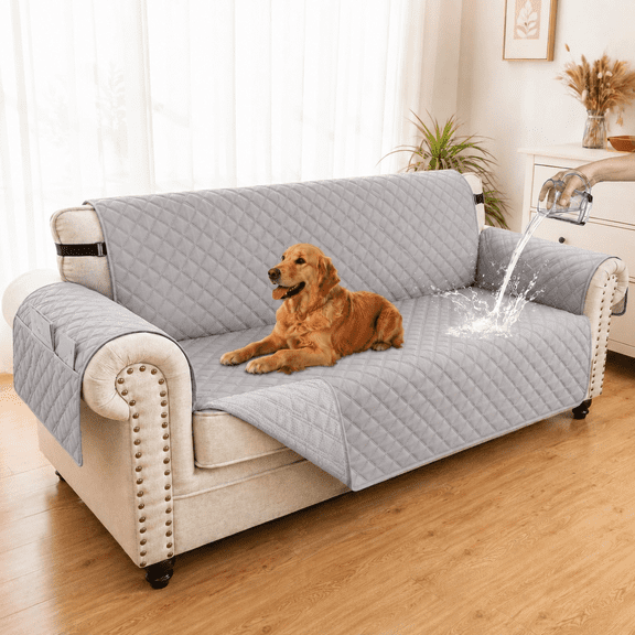 Waterproof Loveseat Sofa Cover for Dogs, Non-Slip Washable Furniture Protector with Side Pockets,Grey, 78''