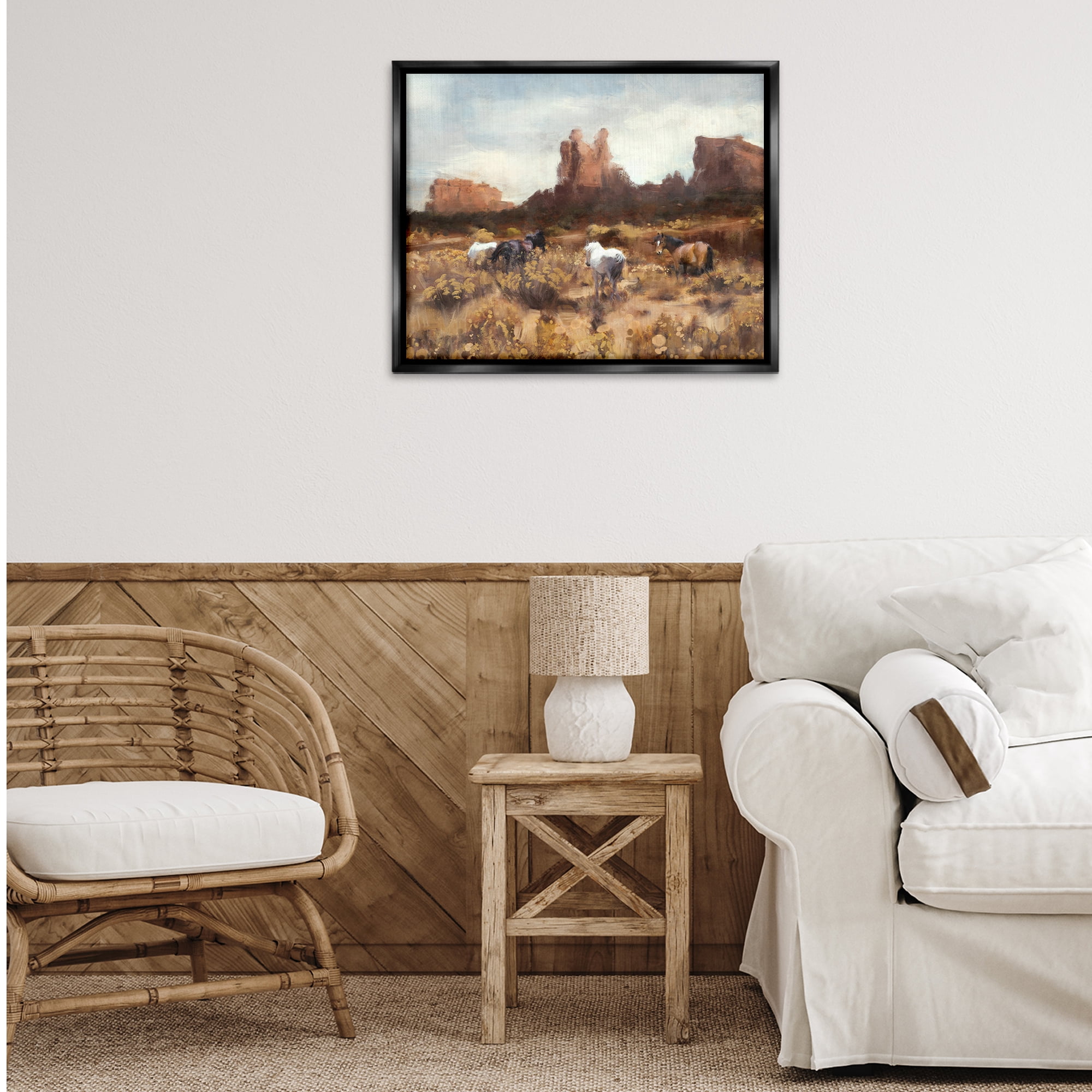 Stupell Industries Desert Horses Landscape Landscape Painting Black Floater Framed Canvas Art Print Wall Art, 31 x 25