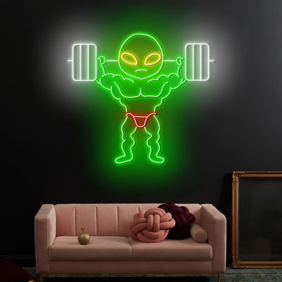Craftnamesign Alien Weightlifting Neon Light, Muscle Alien Led Sign, Fitness Light Wall Decor