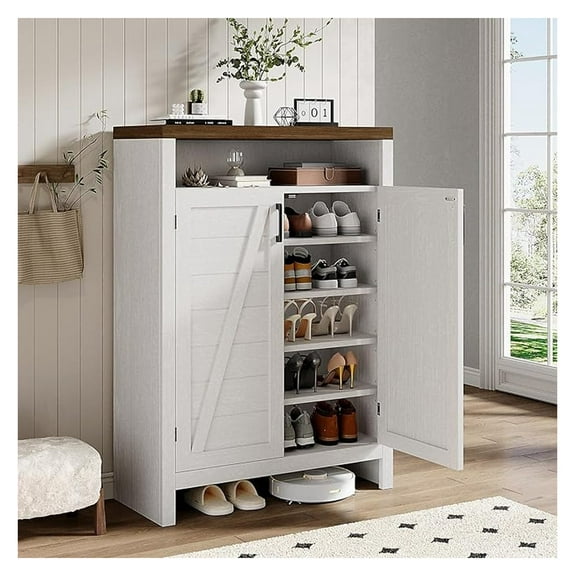 6-Tier Shoe Cabinet with Doors, Farmhouse Shoe Rack Organizer for Entryway, Adjustable Shelves, White - Large Capacity Wooden Shoe Storage