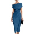 thumbnail image 2 of Blmnix One Shoulder Dress for Women Business Casual Dress Wrap Cocktail Petticoat Boat Neck Blue Short Sleeve Mid-Length Womens Dresses Casual XL, 2 of 5