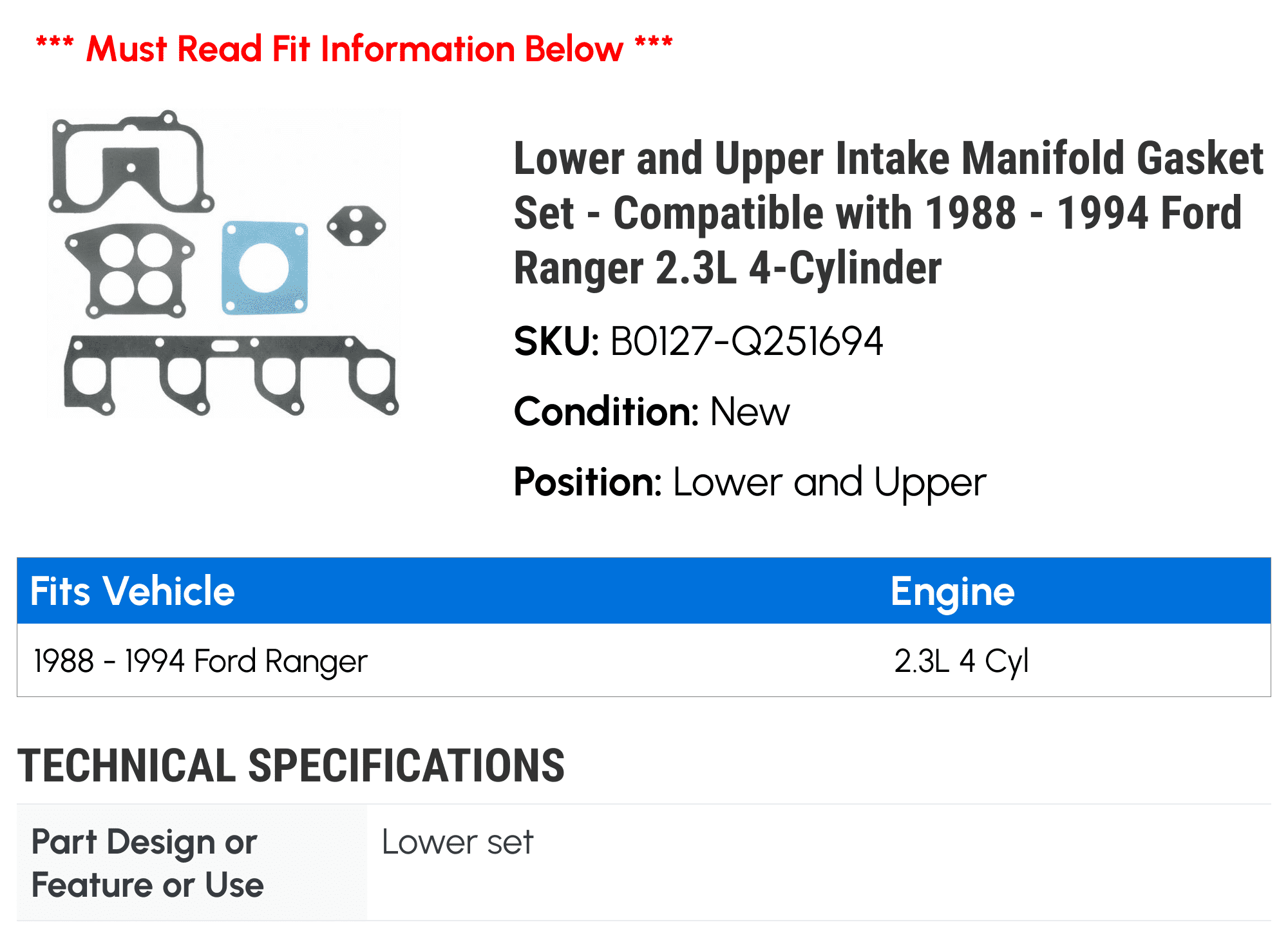 Lower and Upper Intake Manifold Gasket Set - Compatible with 1988 - 1994 Ford Ranger 2.3L 4-Cylinder 1989 1990 1991 1992 1993