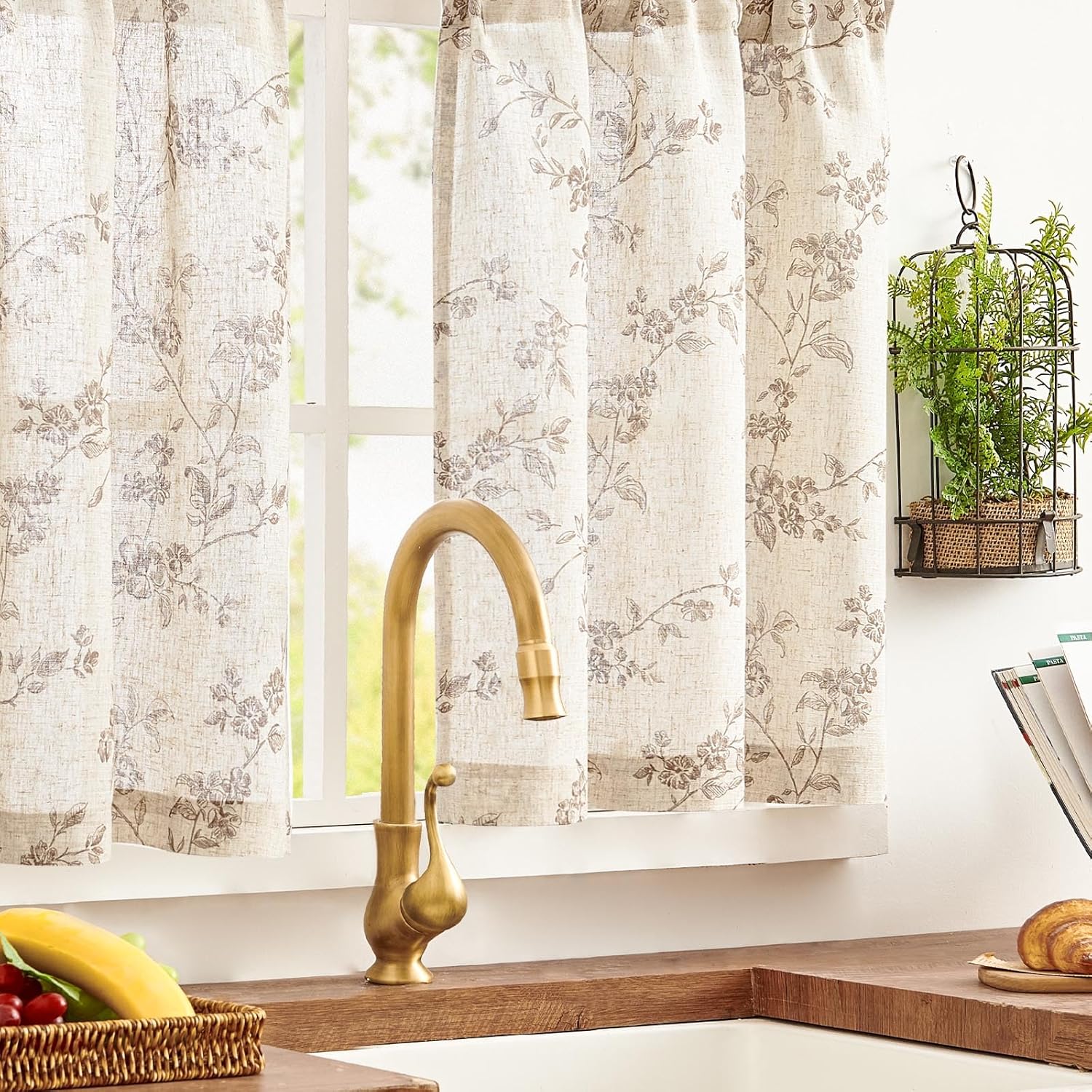 Floral Kitchen Curtains Linen Tier Curtains Farmhouse Cafe Half Window Drapes Over Sink Light Filtering for Living Room Laundry RV Rod Pocket Panels Taupe on Beige