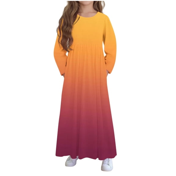 HAiming Girls Maxi Dress Gradient Long Sleeve Crew Neck Flowy Holiday Dress Trendy Clothes with Pockets
