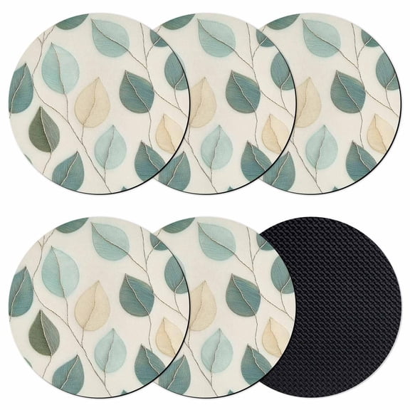 Teal Green Leaf Coasters Set of 6, Absorbent Coasters for Drinks, Farmhouse Vintage Middle Century Textured Coaster for Desk Coffee Table Protection, Home Decor House Warming Gifts 4"