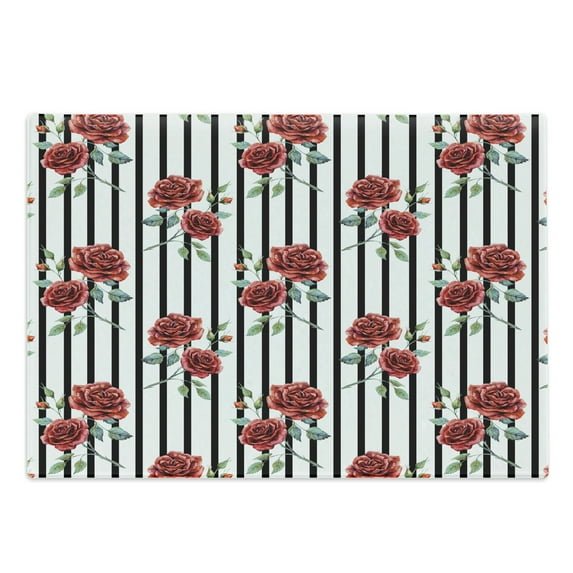 Watercolor Cutting Board, Rose Pattern with Vertical Stripes Pattern Romantic Valentines Day, Decorative Tempered Glass Cutting and Serving Board, Large Size, Ruby Reseda Green Black, by Ambesonne