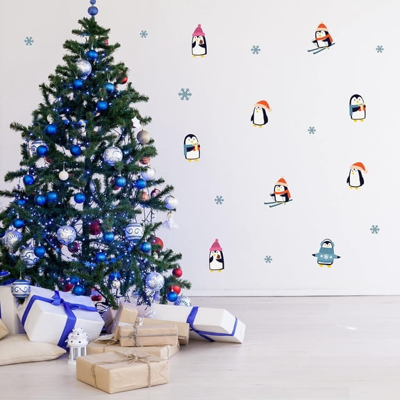 Decalcomania Playful Penguins Wall Decals - Set of 22 Hand-Drawn Penguins in Sweaters, Hats, and Scarves Winter Christmas Decorations Removable Peel and Stick Indoor Decor