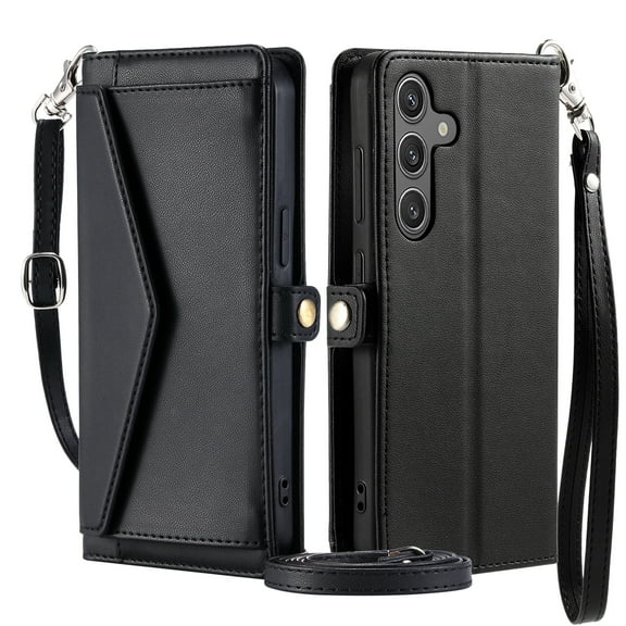 For Samsung Galaxy A56 5G Wallet Case, RFID Blocking Crossybody Shoulder Strap Hand Wrist Flip Cover Carsd Holder Snap Closure Protective Phone Case for Samsung Galaxy A56 5G, Black