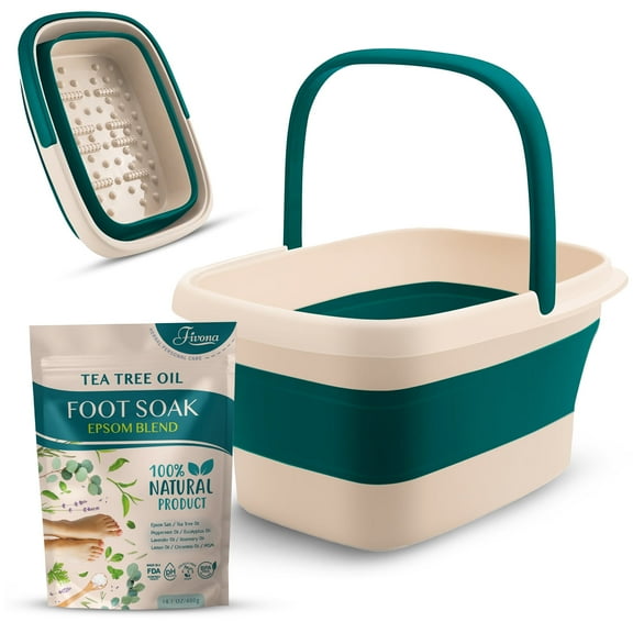 Fivona Foot Care Kit 2 in 1 - Foot Soak Blend with Epsom Salt, Tea Tree & Essential Oils - Collapsible Foot Soak Basin