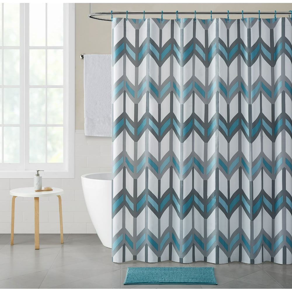 Mainstays Chevron PEVA Shower Curtain Bath Set, 15 Pieces, Aqua