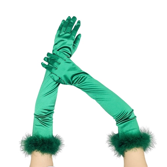 Ljudmp Womens Long Opera Party Gloves 1920s Satin Elbow Length Glove With Feather Cuff Stretchy Full Finger Gloves for Tea Party Costumes Blackish Green