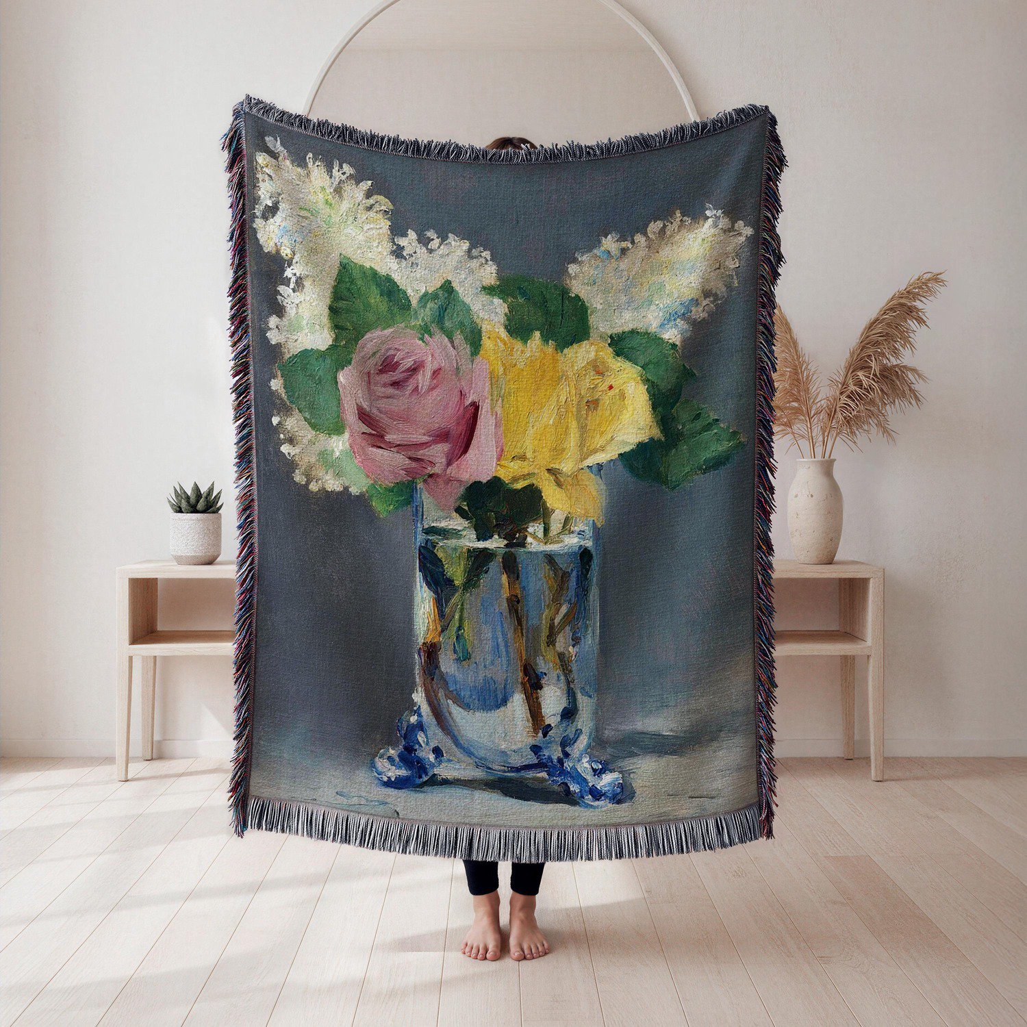 Pink and Yellow Roses in Blue Glass Vase Woven Blanket 100% Cotton Painterly Floral Style for Home Decor
