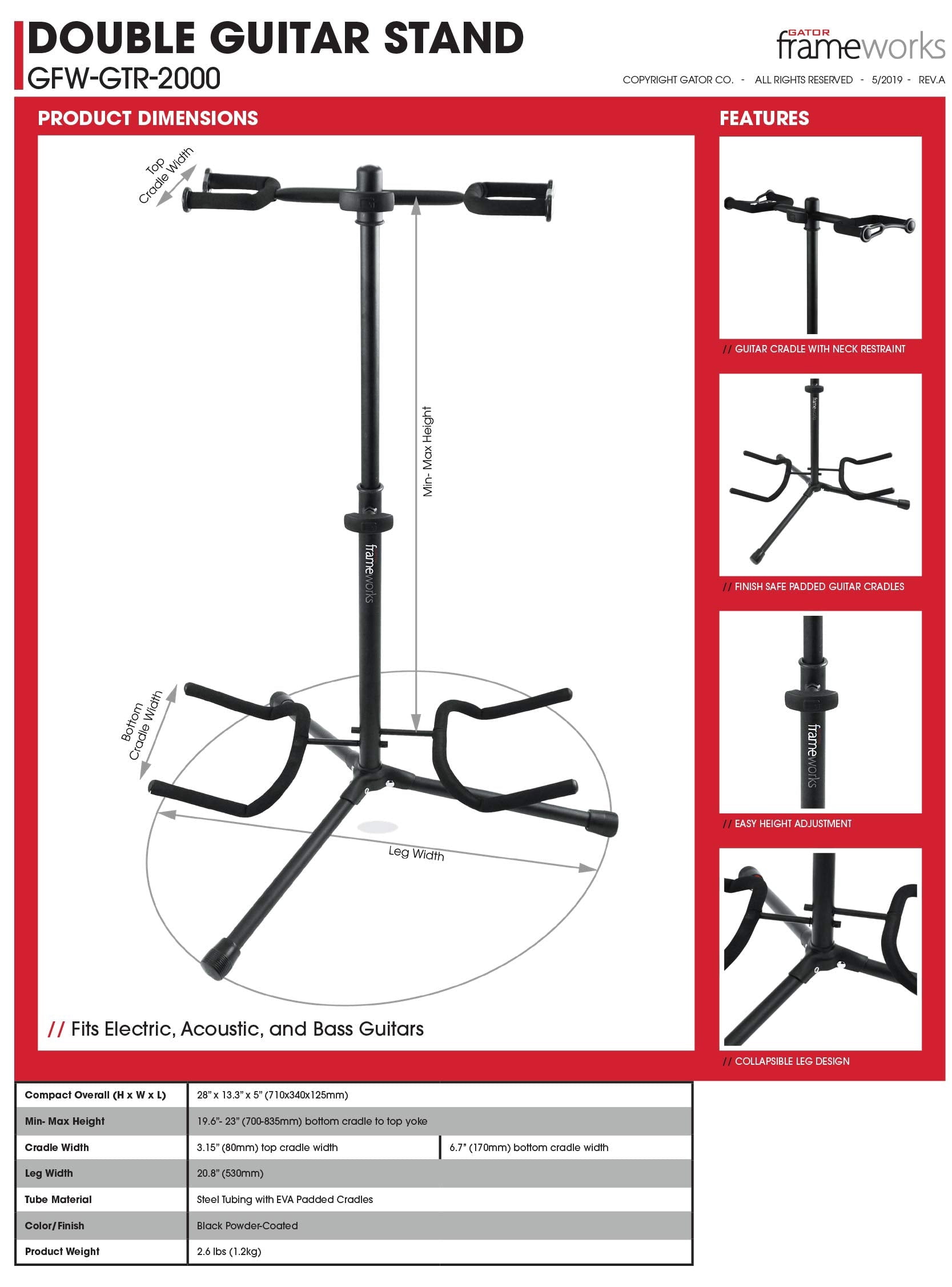 Gator Frameworks Easy Adjust Collapsible Heavy Duty Steel Double Guitar Stand