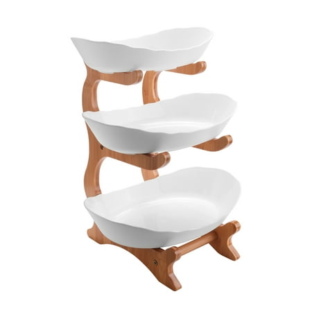 

3 Tiers Fruit Plate with Wood Holder Snacks Candy Plate Kitchen Organizer Rack Party Food Serving Display Tray White