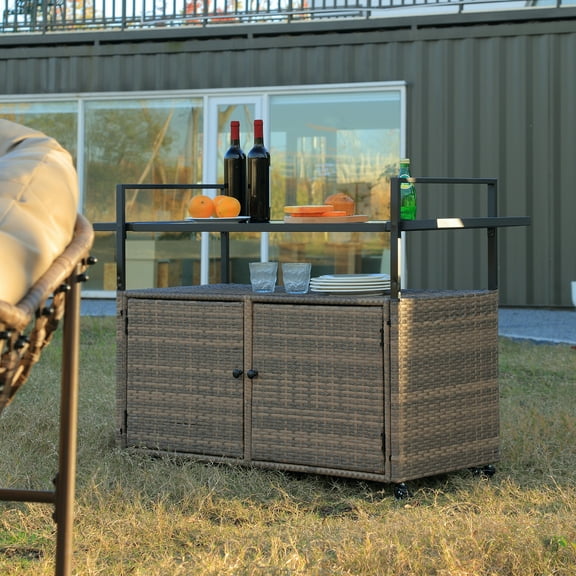 Outdoor Wicker Bar Cart with Wheels