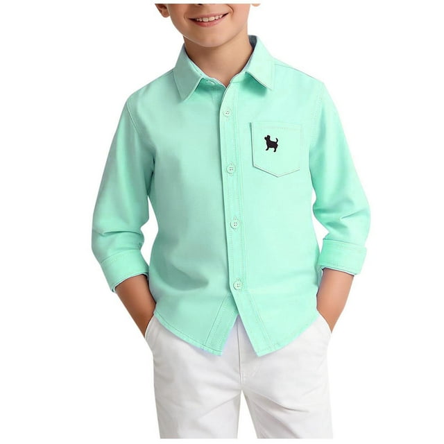 SDNall Boys Girls Light Blue Button Up Long Sleeve Shirt for Kids Dressy Solid Color Formal Top