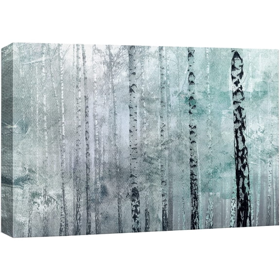wall26 Canvas Print Wall Art Grunge Style Teal Mist White Birch Tree Forest Nature Wilderness Mixed Media Modern Art Rustic Landscape Relax/Calm Multicolor for Living Room, Bedroom, Office - 24"