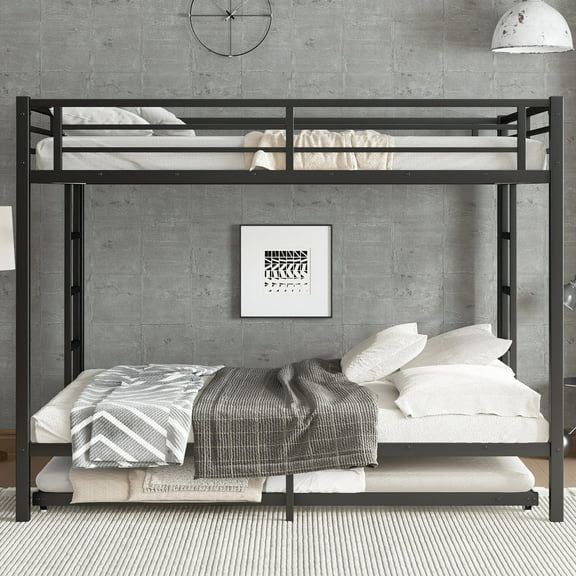 Bed Frame Queen over Queen Metal Bunk Bed with Twin Size Trundle, Black,Platform Bed Frame
