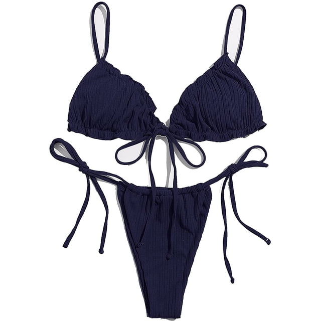 Women's Frill Trim Ruched Tie Side Triangle Thong Bikini Swimsuit