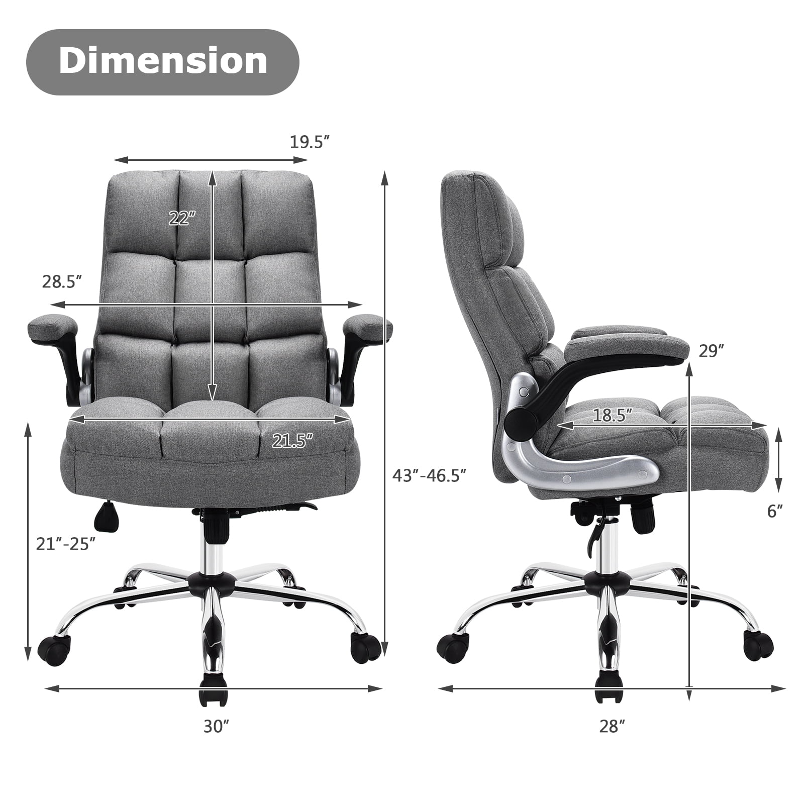 Executive Office Chair, Big and Tall Ergonomic Computer Chair, Adjustable Tilt Angle and Flip-up Armrest Linen Fabric Upholstered Chair with Thick Padding, High Back Managerial Chair (Grey)