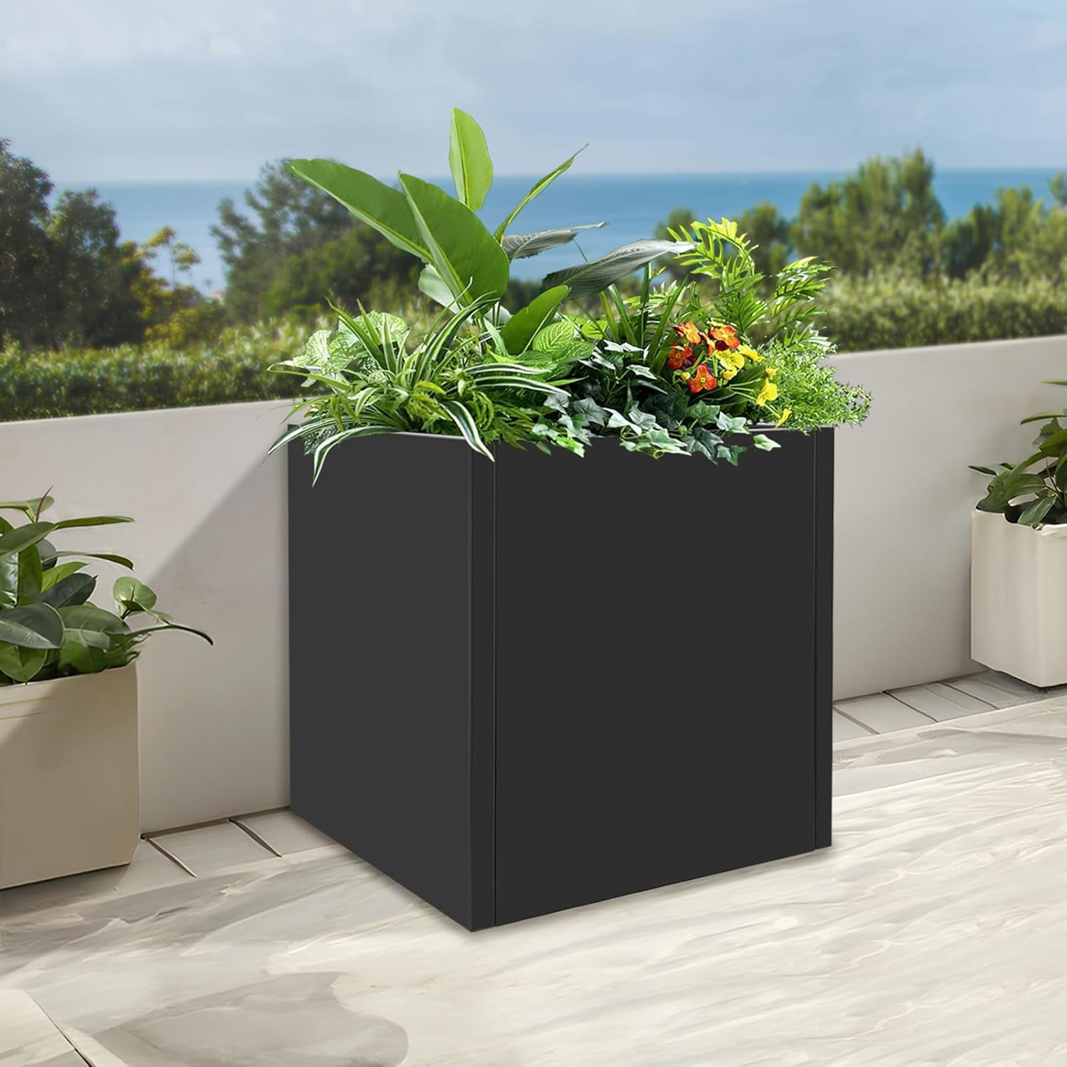 Large Black Square Planter, Cube Metal Planters Pot with Drainage Seams for Indoor and Outdoor, Heavy Duty Steel Flower Pots for Patio, Deck, Yard, Garden