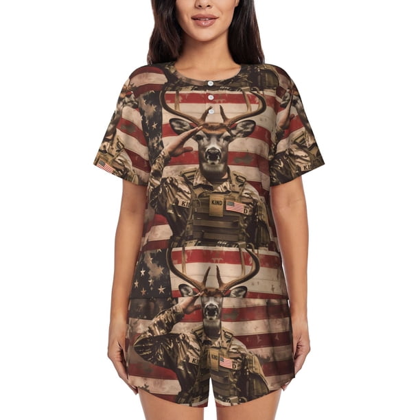 Fotbe Patriotic Deer Soldier Salute Conjunto de Pijama Estampado para Mujer, 2 Piezas, Ropa de Dormir con Camiseta de Manga Corta y Shorts Suaves-Small