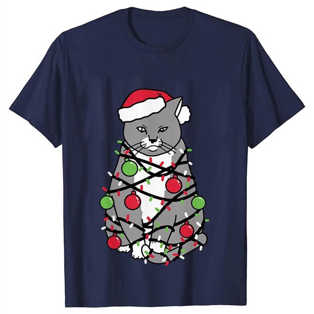 Camiseta con luces navideñas para mujer, camisetas con estampado gráfico de gato bonito, camisetas de manga corta, ropa de calle divertida, camiseta de marca, ropa femenina