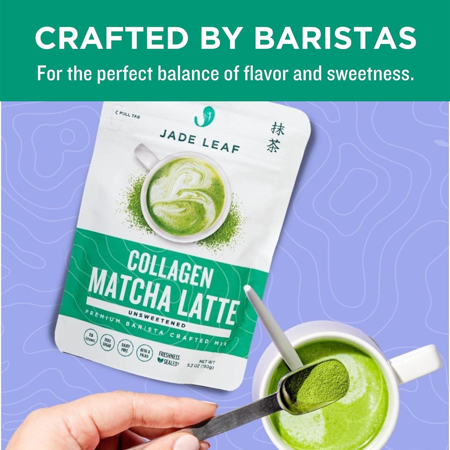 (5 pack) Jade Leaf Matcha Latte, Unsweetened Grass Fed Collagen and Organic Matcha, Premium Barista Crafted Mix, 5.3 oz