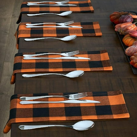 Farmhouse Living Fall Buffalo-Check Napkins, Autumn Napkins for Formal or Everyday Use, 20" x 20", Orange and Black, Set of 4