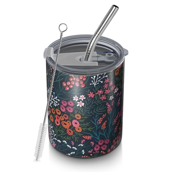 12oz Coffee Tumblers Pioneer Flower Floral Print Pattern Stainless Steel Vacuum Insulated Travel Tumbler Coffee Cups Mug with Lid and Straw with Cleaning Brush for Cold & Hot Drinks