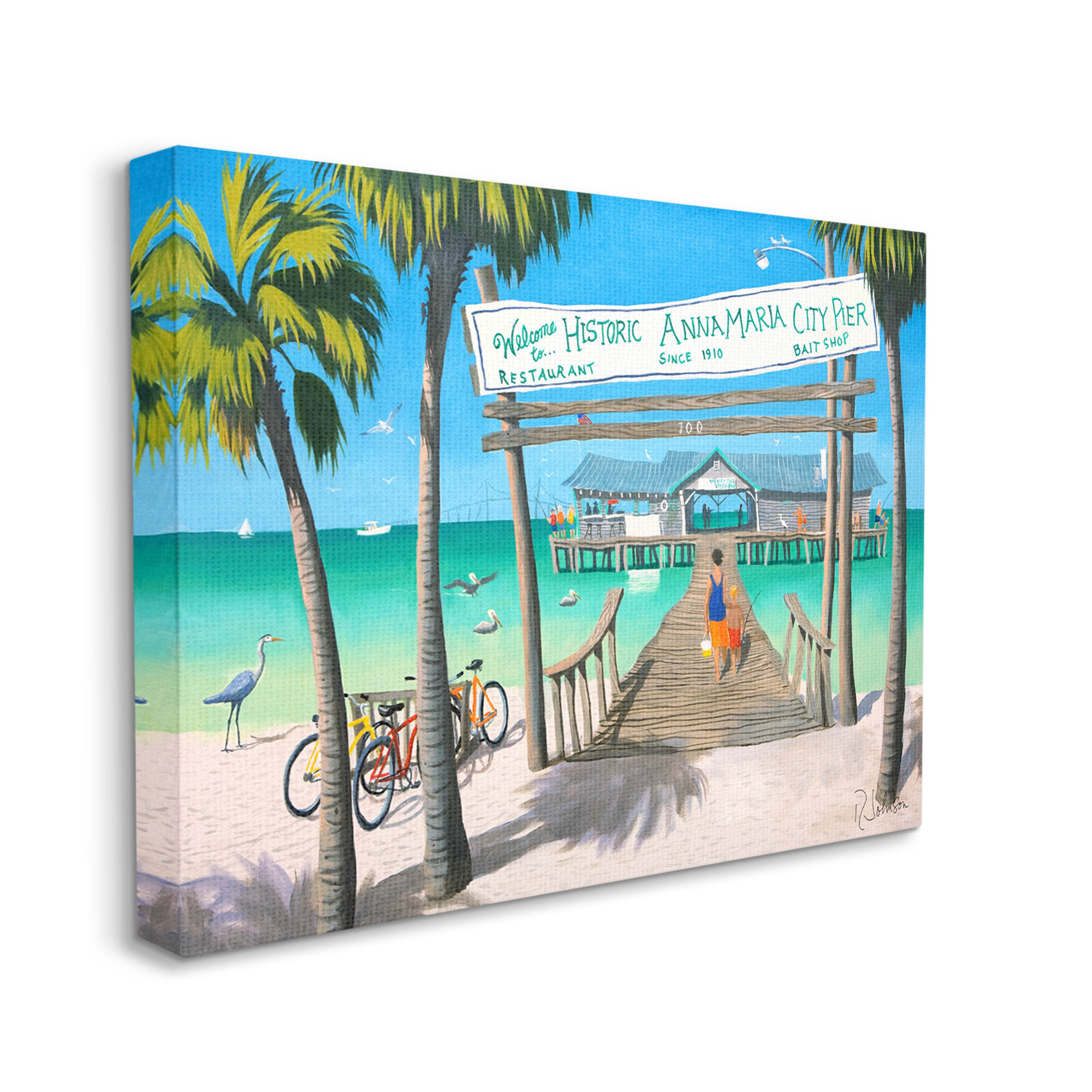 Summer Vacation Beach Pier Coastal Painting Gallery Wrapped Canvas Print Wall Art
