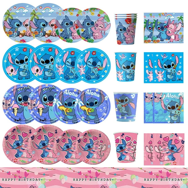 Set De Decoración De Cumpleaños Stitch - 55 Piezas: Mantel, Platos, Vasos, Servilletas, Globos, Guirnalda - Tema Lilo & Stitch